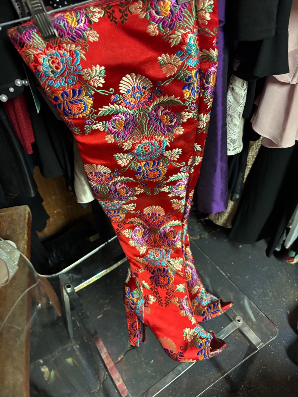 Rouge Helium Red Floral Brocade Thigh-High Peep-Toe Boots